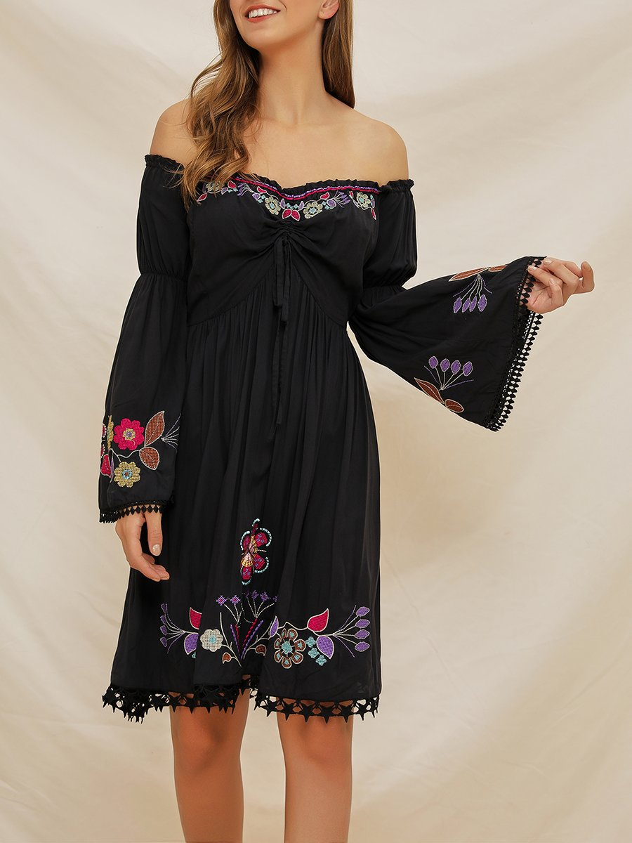 Off Shoulder Black Holiday A-Line Daily Cotton Floral Midi Dress