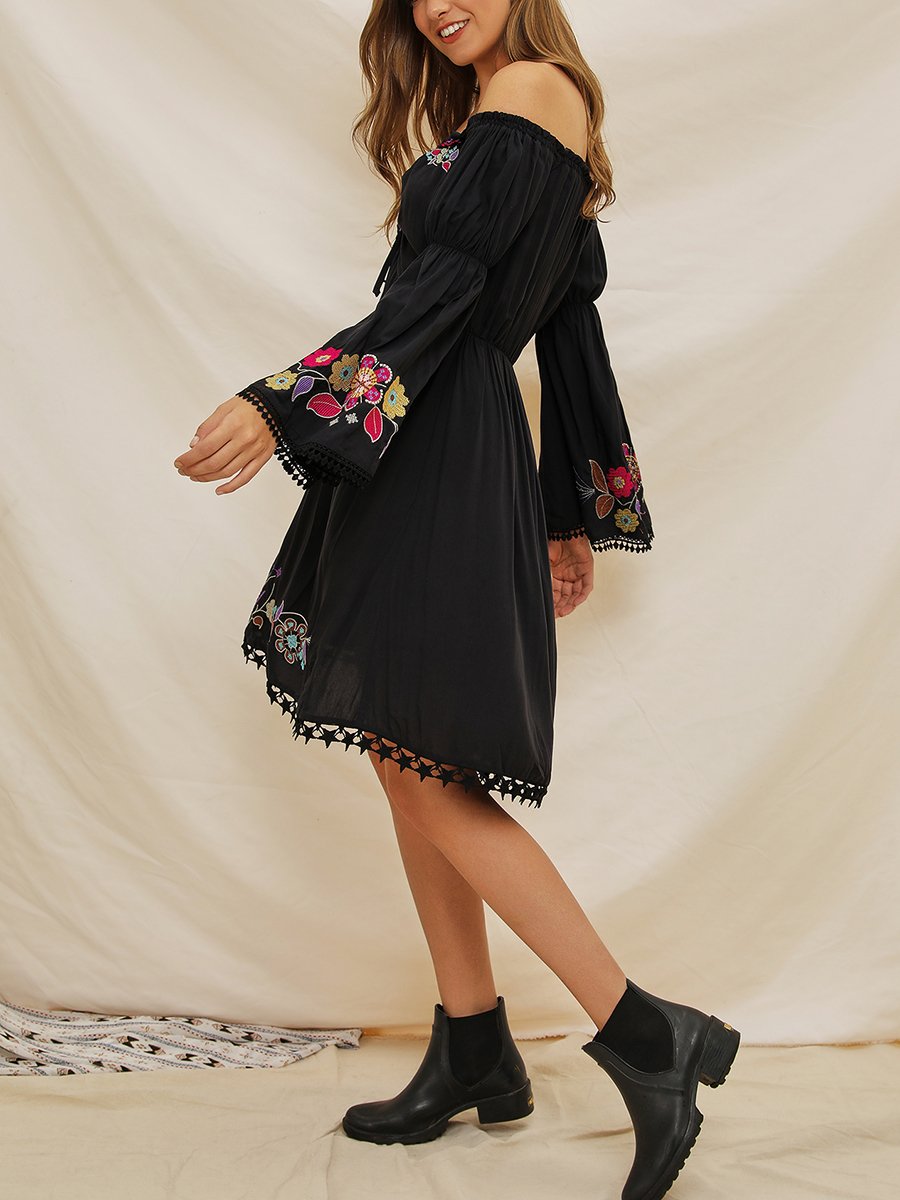 Off Shoulder Black Holiday A-Line Daily Cotton Floral Midi Dress