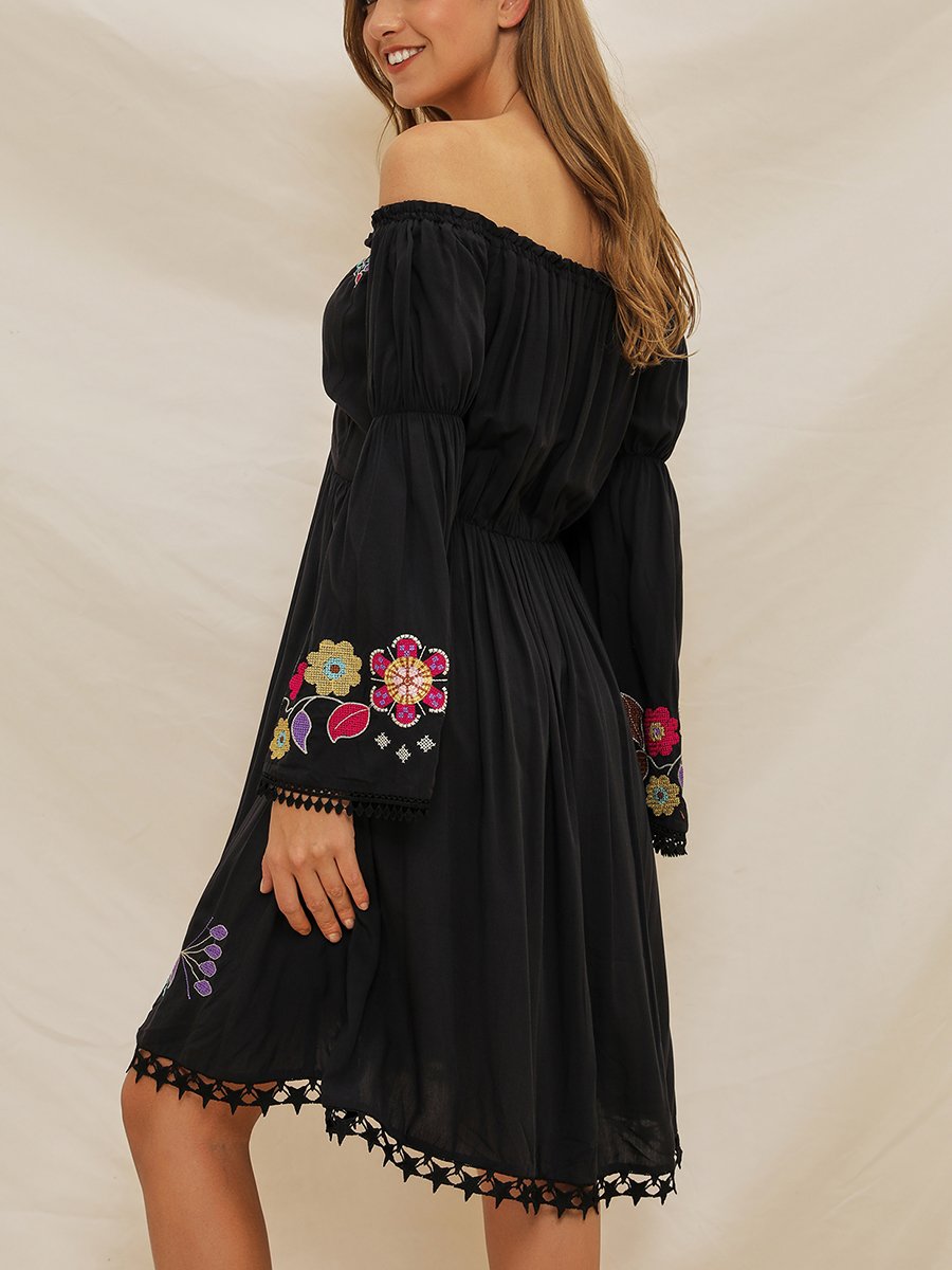 Off Shoulder Black Holiday A-Line Daily Cotton Floral Midi Dress