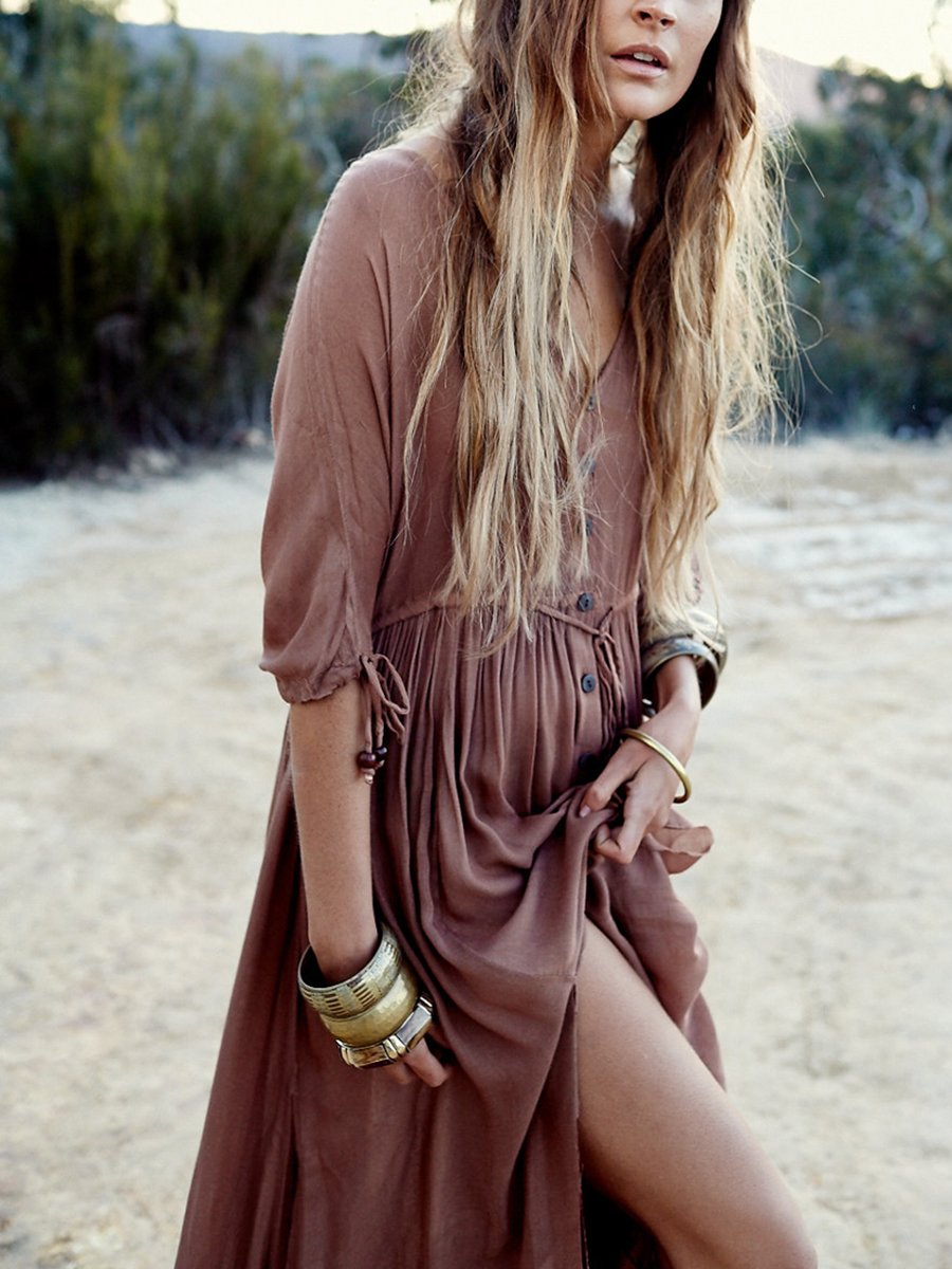 Bohemia Button Chiffon Swing Maxi Dress
