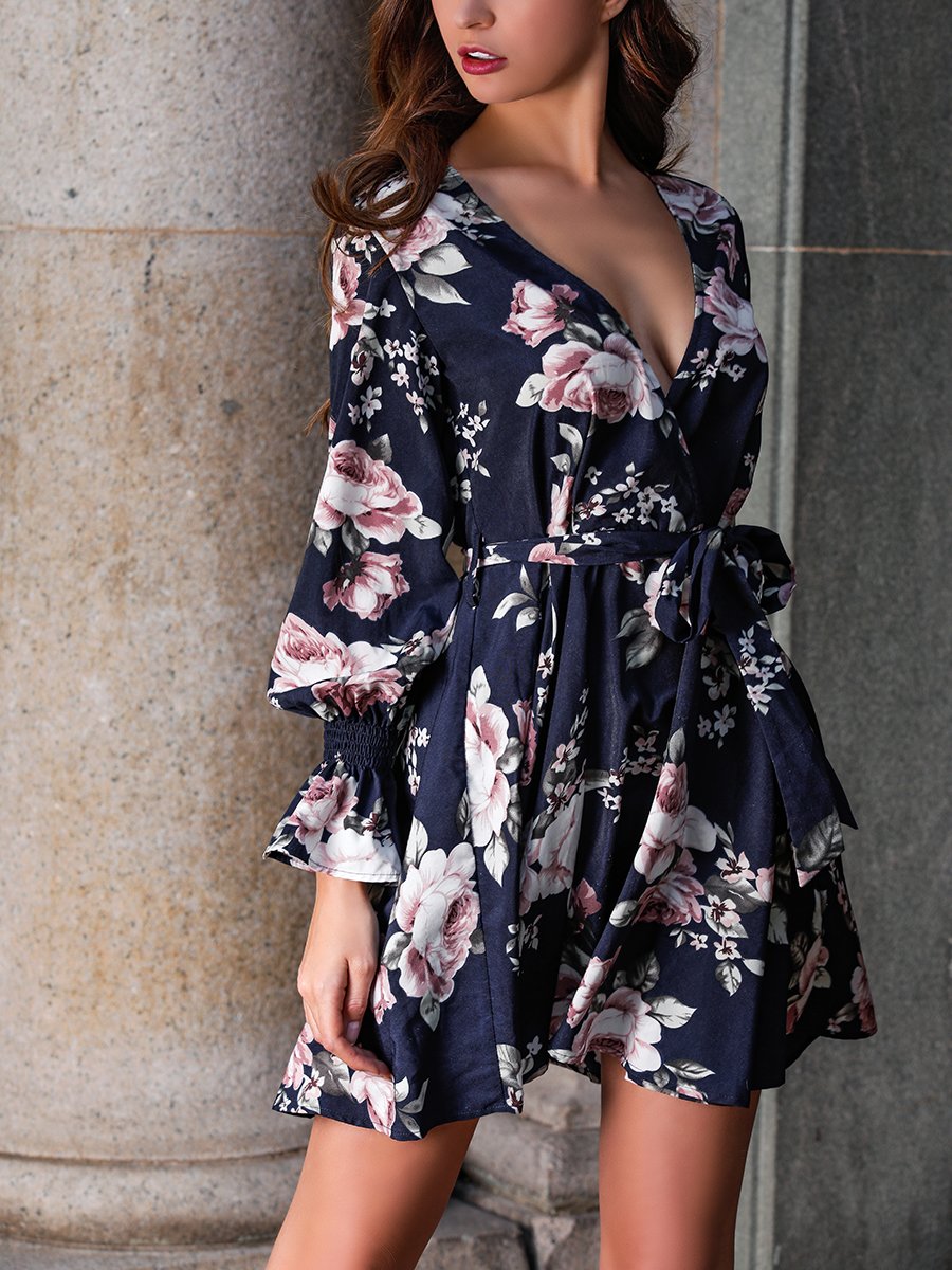 Floral Pattern V Neck Dress