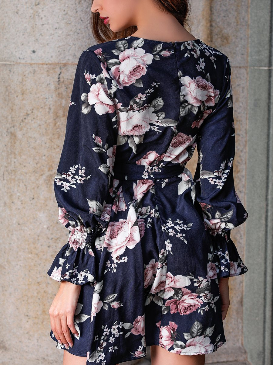 Floral Pattern V Neck Dress