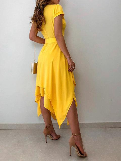 Plus Size Midi Dresses Women Summer Chiffon Solid A-Line V Neck Short Sleeve Dresses