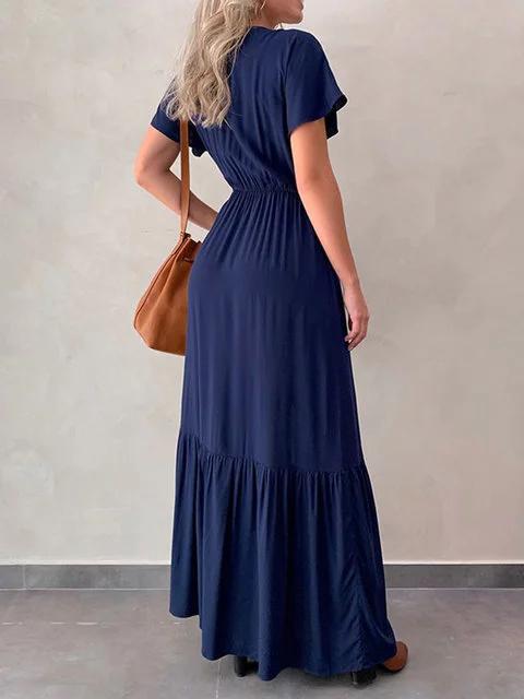 Plus Size Maxi Dresses Women Summer Solid Buttoned V Neck Short Sleeve Dresses