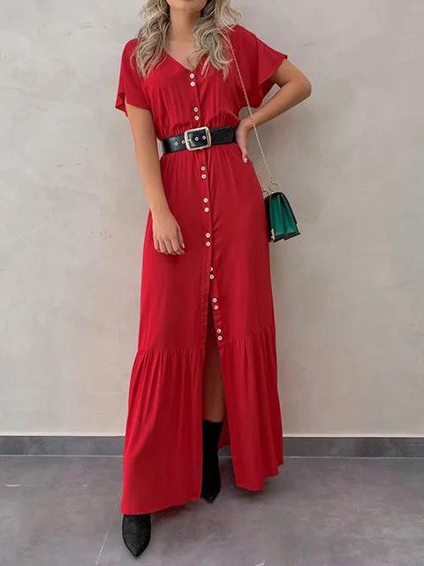 Plus Size Maxi Dresses Women Summer Solid Buttoned V Neck Short Sleeve Dresses