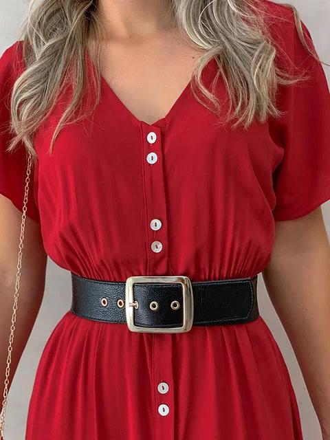 Plus Size Maxi Dresses Women Summer Solid Buttoned V Neck Short Sleeve Dresses