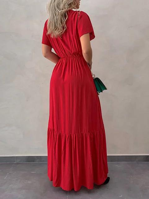 Plus Size Maxi Dresses Women Summer Solid Buttoned V Neck Short Sleeve Dresses