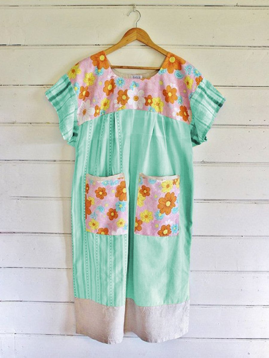CREW NECK BLUE WOMEN DRESSES DAILY COTTON FLORAL DRESSES