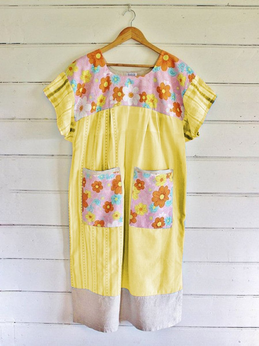CREW NECK BLUE WOMEN DRESSES DAILY COTTON FLORAL DRESSES