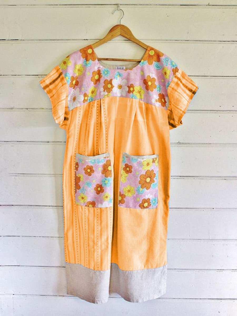 CREW NECK BLUE WOMEN DRESSES DAILY COTTON FLORAL DRESSES