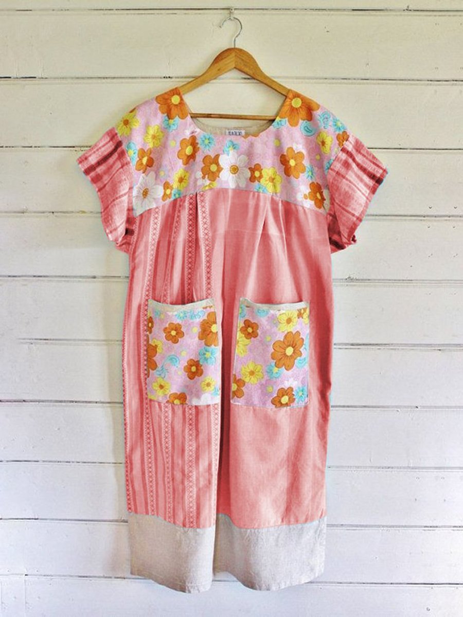 CREW NECK BLUE WOMEN DRESSES DAILY COTTON FLORAL DRESSES
