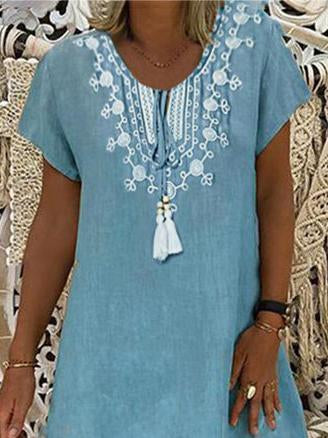Crew Neck Blue Women Summer Dresses Shift Date Cotton Dresses