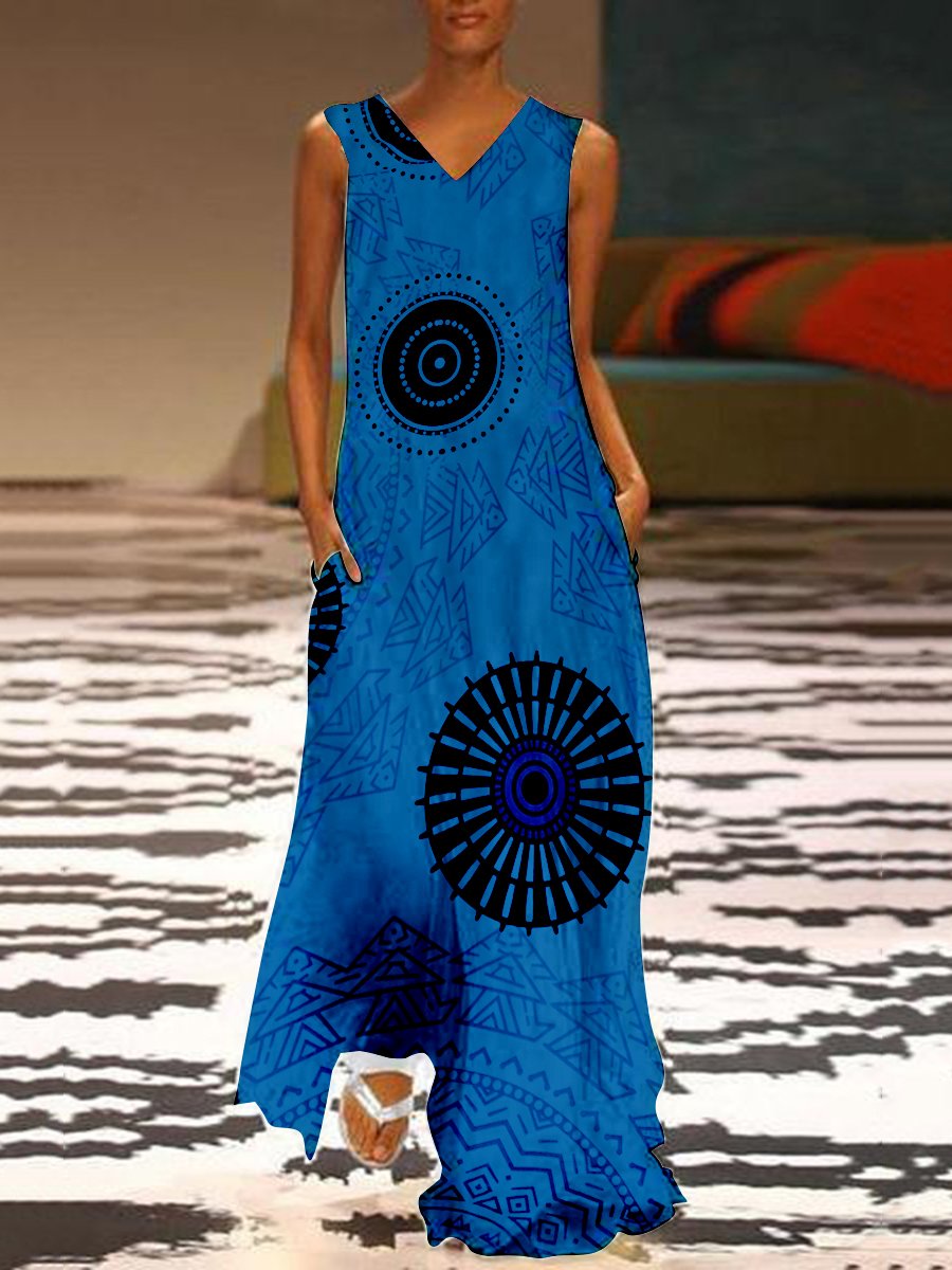 Cotton/Line Printed Casual Tassel V-Neck Maxi Dress