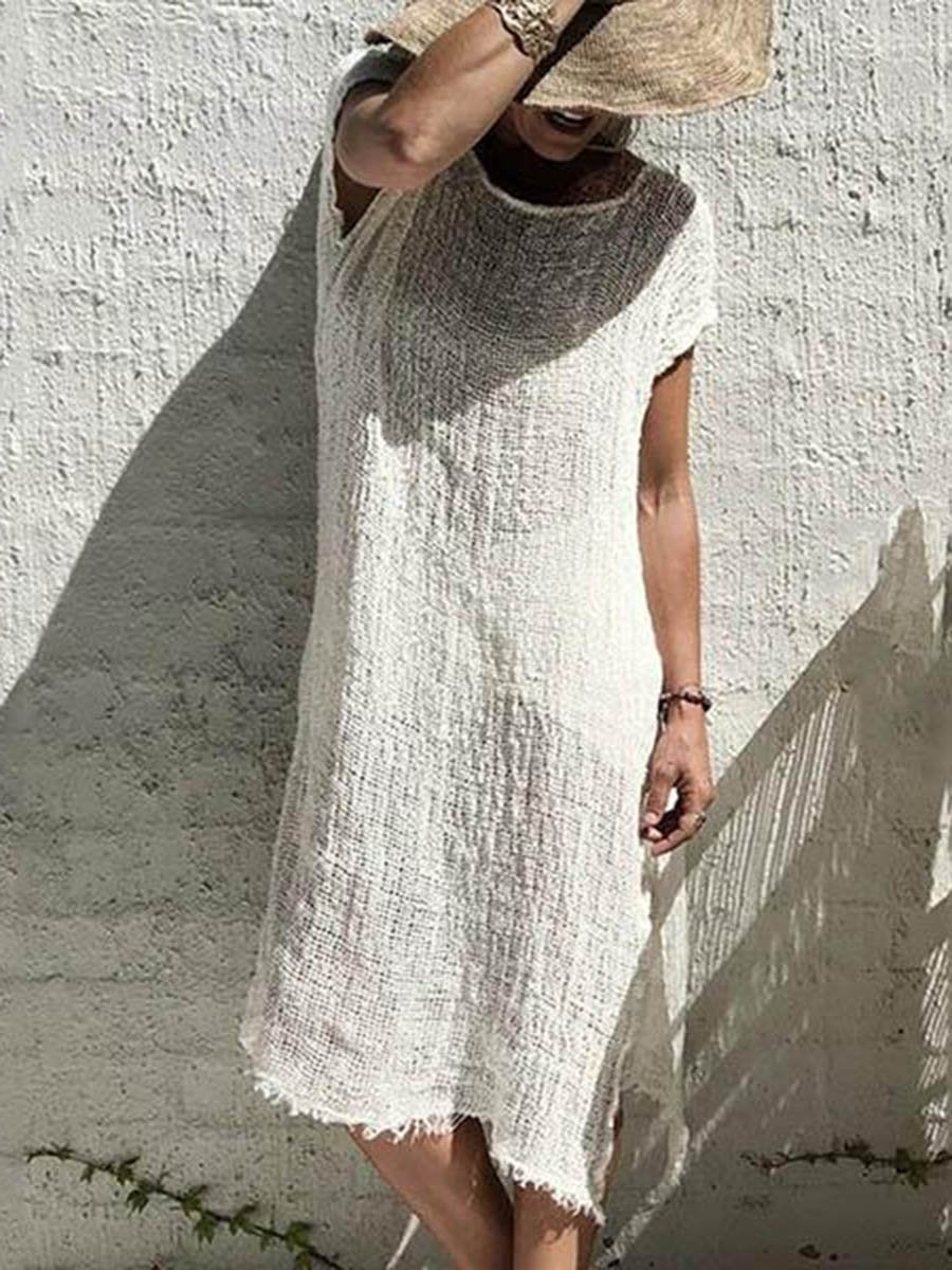 Irregular Solid Color Short Sleeve Dress