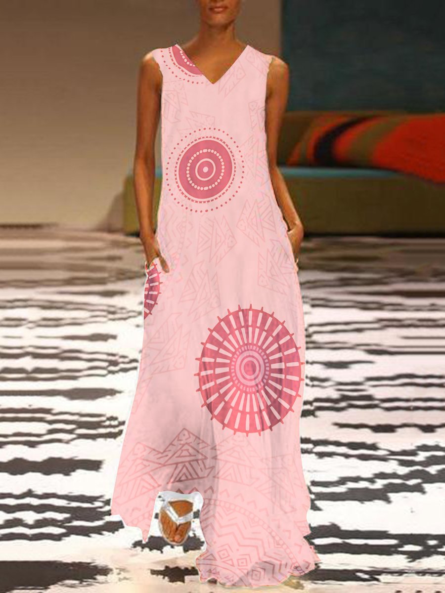 Cotton/Line Printed Casual Tassel V-Neck Maxi Dress