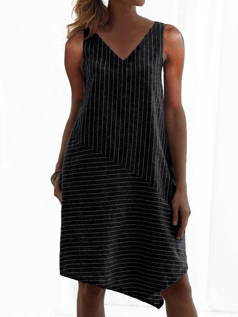 Stripes V Neck Shift Daytime Cotton-Blend Dresses