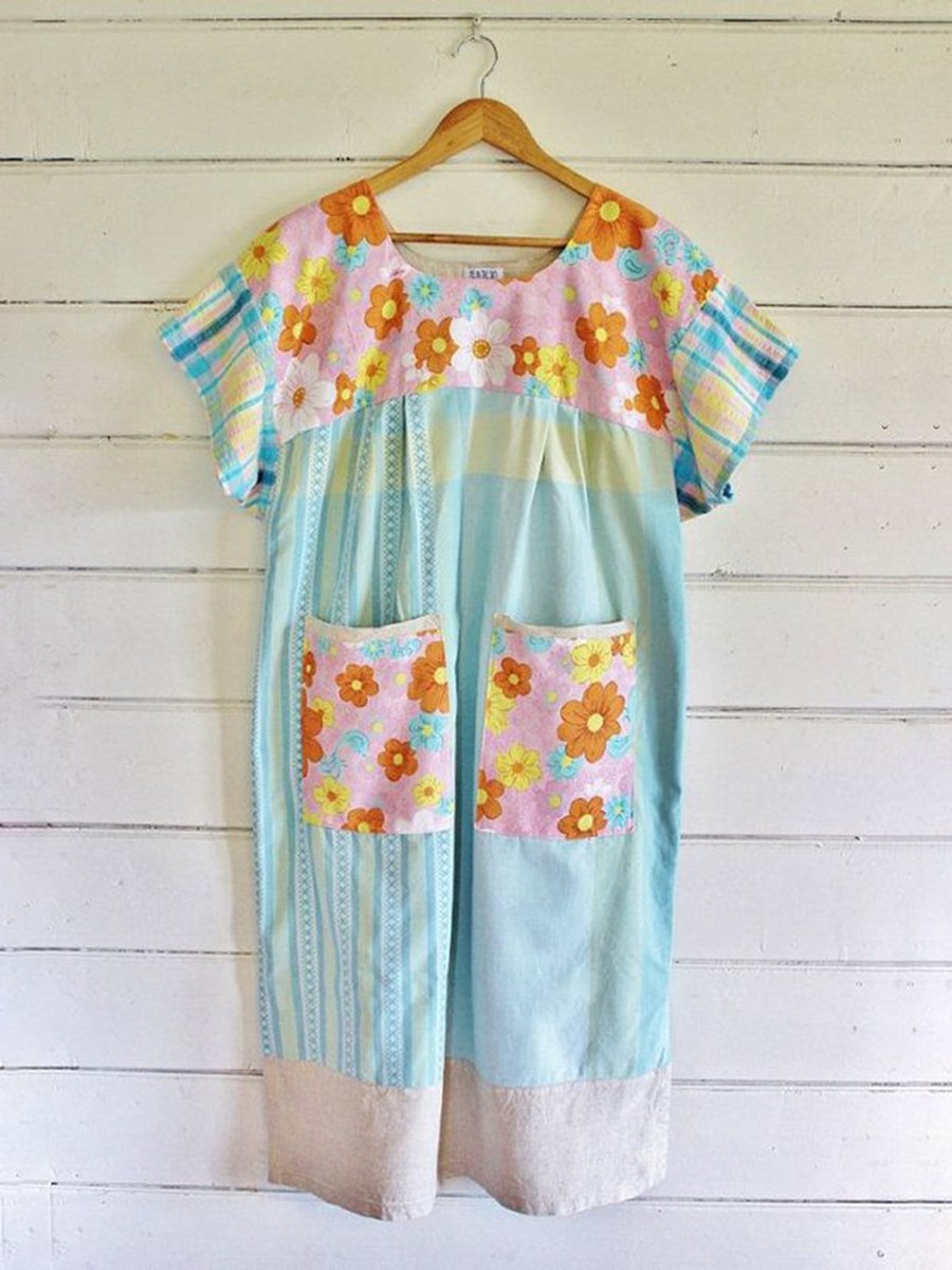 CREW NECK BLUE WOMEN DRESSES DAILY COTTON FLORAL DRESSES