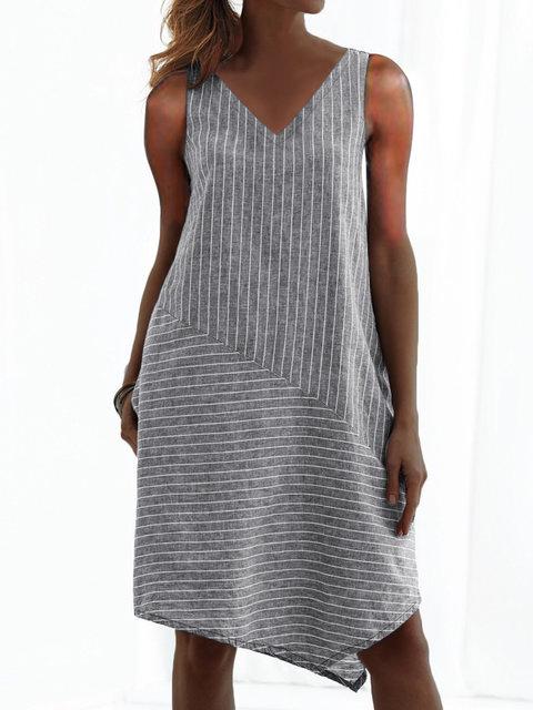 Stripes V Neck Shift Daytime Cotton-Blend Dresses