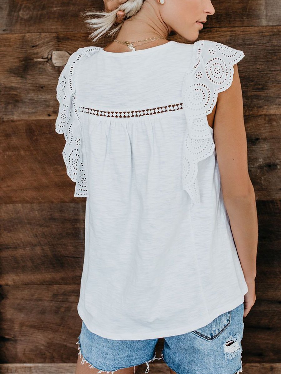 Round Neck Decorative Lace Patchwork Plain T-Shirts