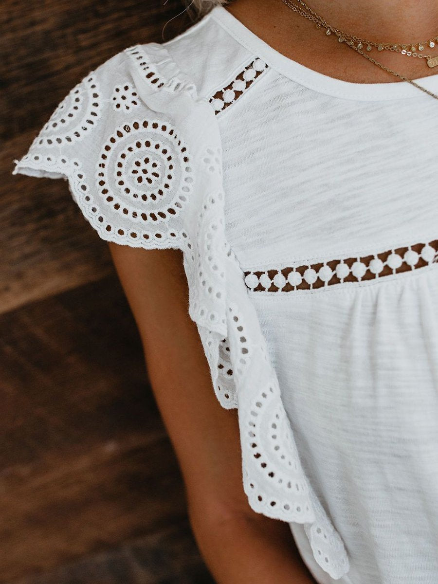 Round Neck Decorative Lace Patchwork Plain T-Shirts