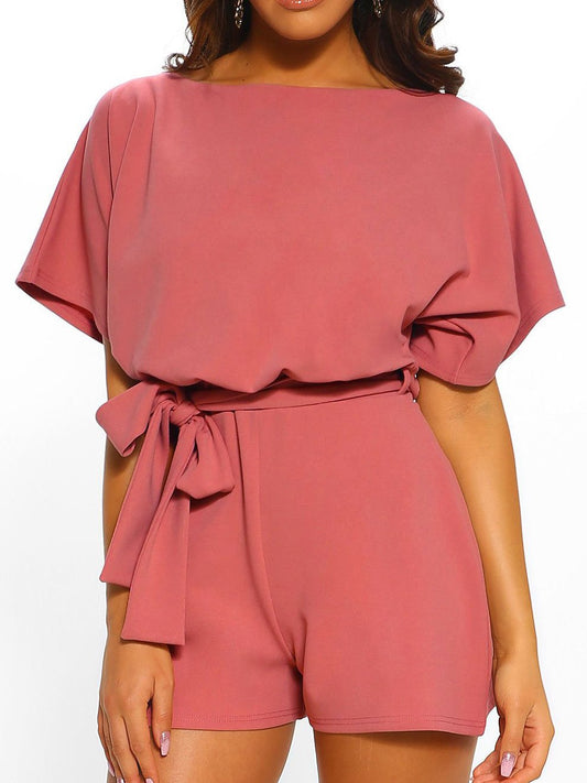 Fashion solid color belt short sleeve jumpsuit