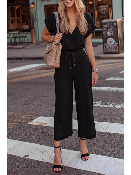 Solid color V-neck short-sleeved with pocket women's trousers jumpsuit