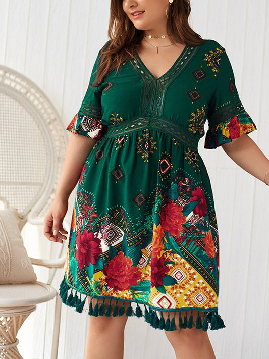 V-neck printed bohemian holiday dress