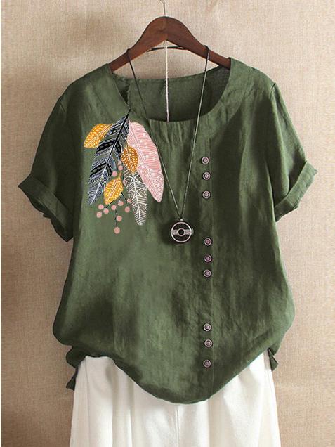 Vintage cotton and linen printed loose casual shirt women