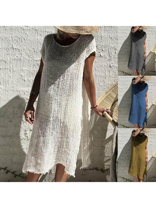Irregular Solid Color Short Sleeve Dress