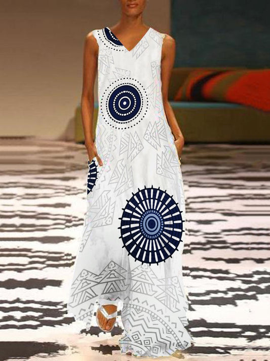 Cotton/Line Printed Casual Tassel V-Neck Maxi Dress