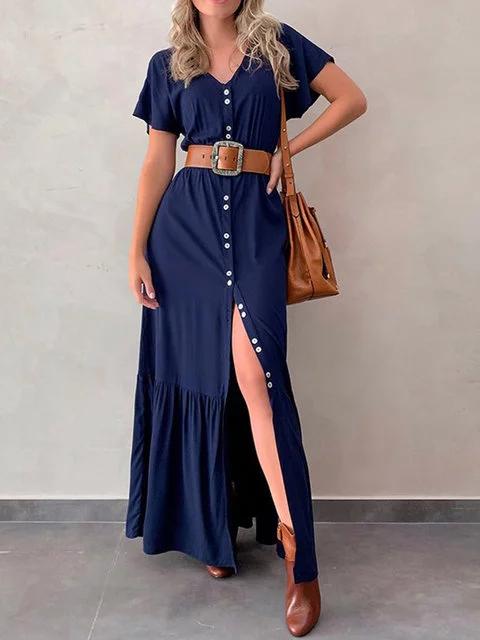Plus Size Maxi Dresses Women Summer Solid Buttoned V Neck Short Sleeve Dresses
