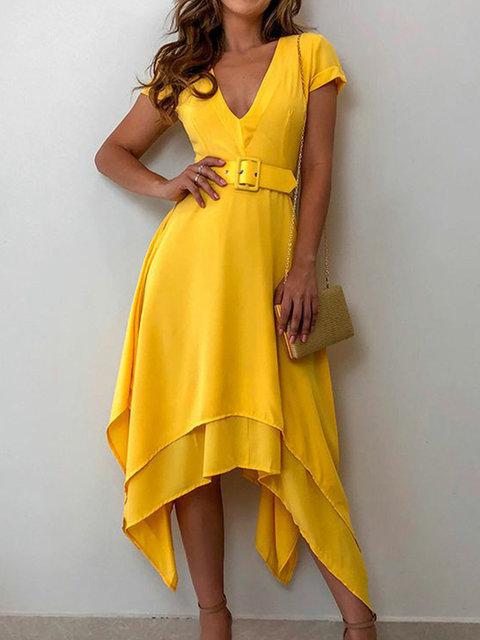 Plus Size Midi Dresses Women Summer Chiffon Solid A-Line V Neck Short Sleeve Dresses