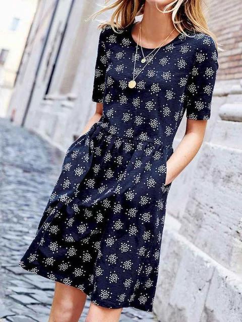 Plus Size Mini Dresses Women Summer Short Sleeve Crew Neck Printed Dresses