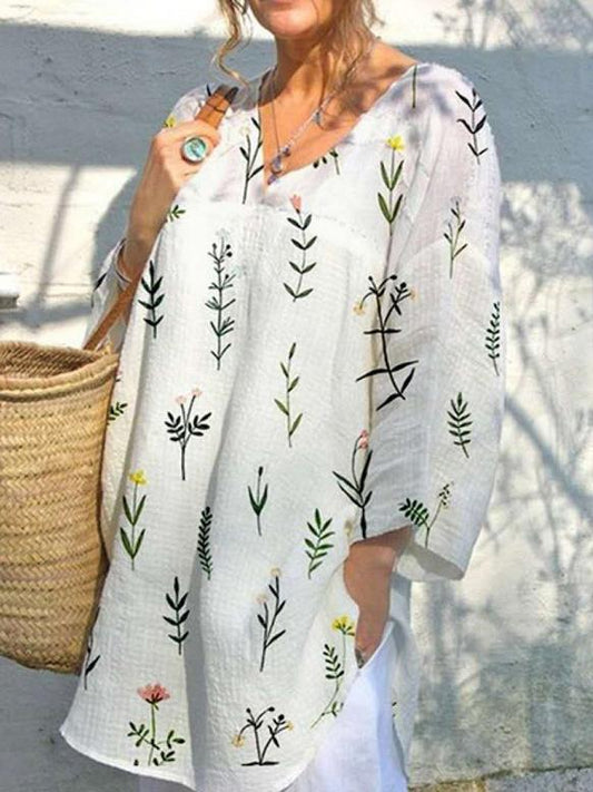 V-neck long-sleeved flower female T-shirt