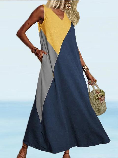 V Neck Shift Daytime Cotton-Blend Solid Maxi Dresses