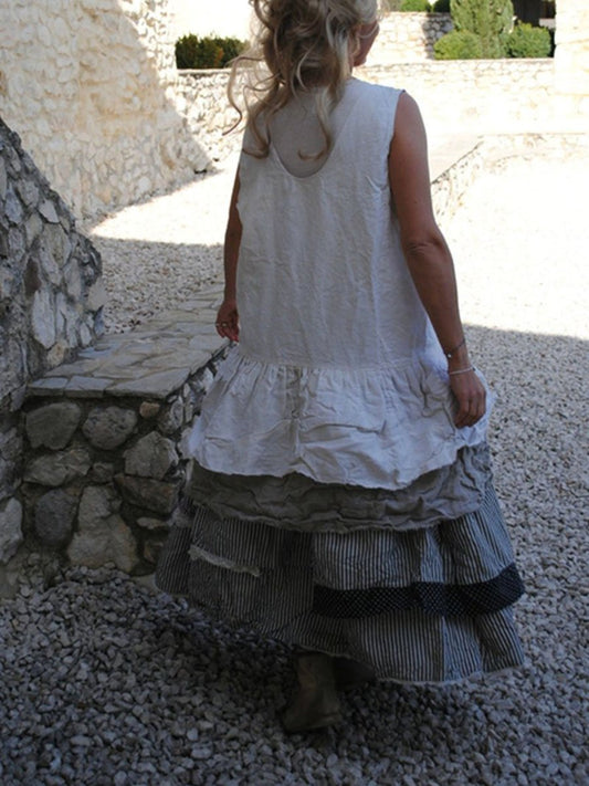 WOMEN'S CASUAL ROUND NECK SOLID STRIPES SLEEVELESS DRESSES