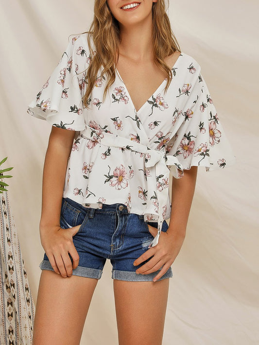 V-neck Printed Short-Sleeved Blouses