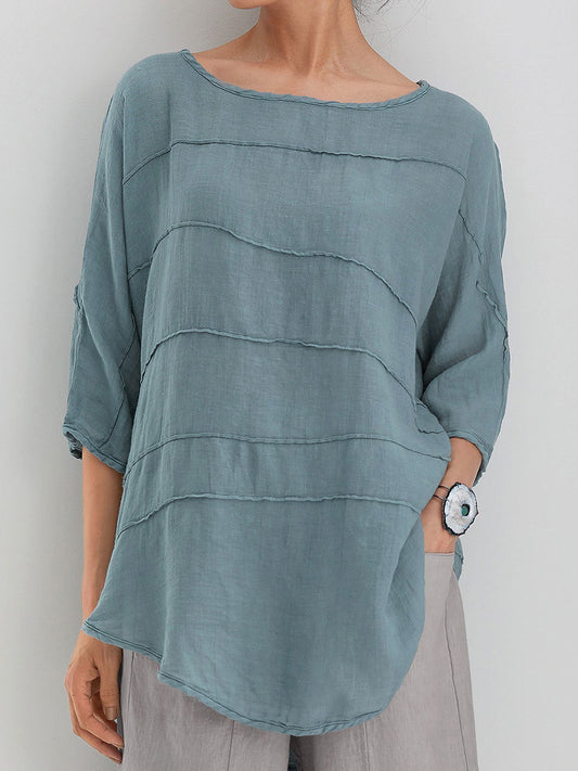 Summer 3/4 Batwing Sleeves Round Neck Solid Blouse